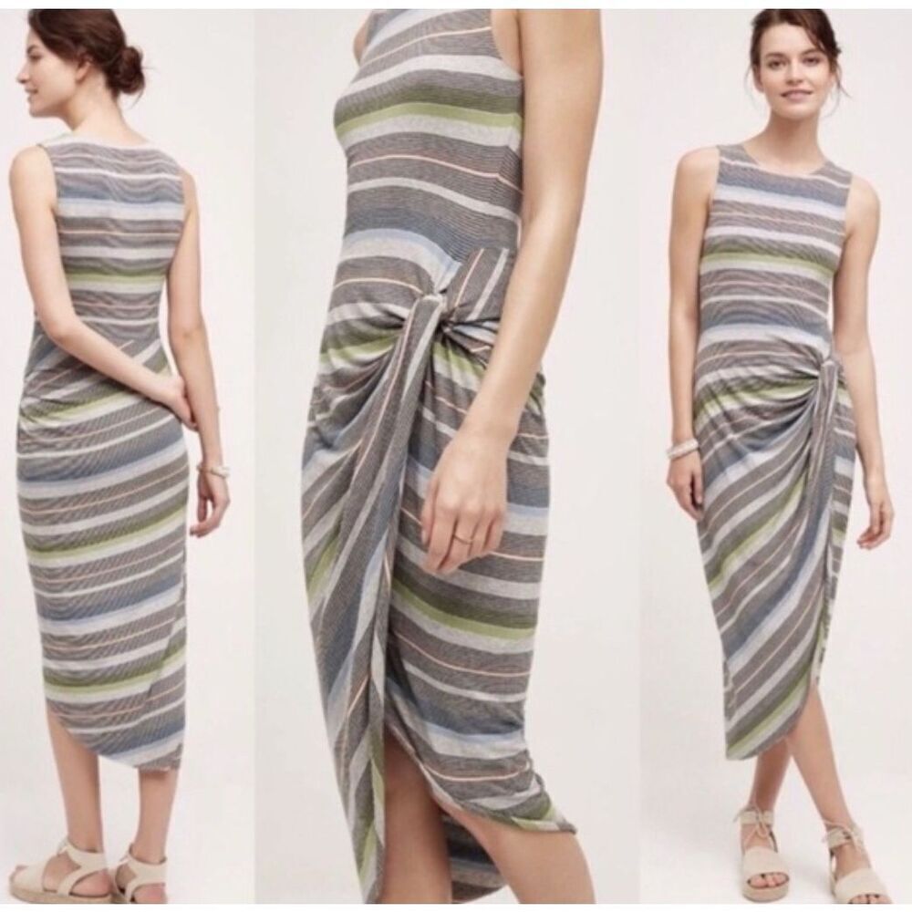 EUC! Bailey 44 Anthro Gray Striped Twist Front Asymmetrical Tank Dress - Size PX